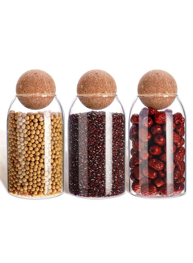 Cunhill 3 Pcs Glass Jar Storage Container with Ball Cork Decorative Round Organizer Bottle Sealed Canister Jar with Airtight Seal Wooden Lid for Food Coffee Bean Candy Biscuits Spice(800 ML/ 27 Oz) - Image 1